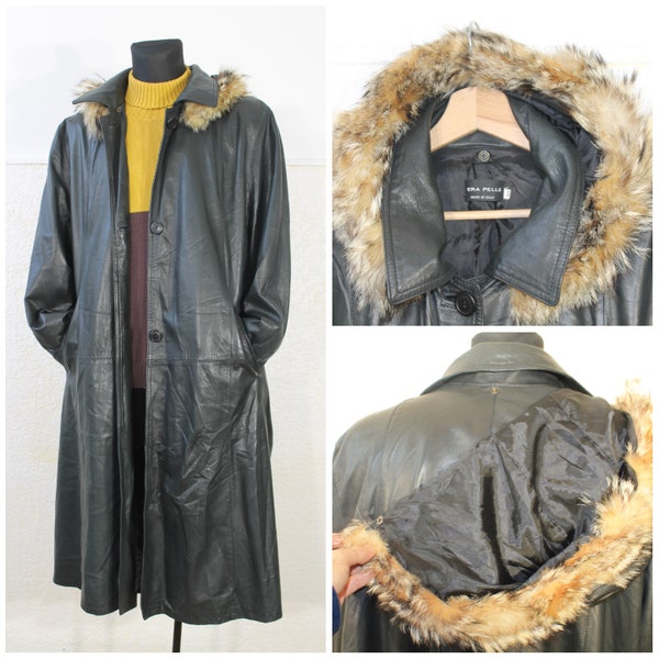 Manteau en cuir gothique, col de fourrure de manteau en cuir d’agneau, manteau à capuche, manteau en cuir noir, femmes de manteau en cuir, manteau en cuir doux, manteau long XL