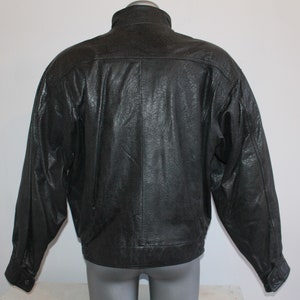 Vintage Italian 80s Black Leather Motorcycle Bomber Jacket with Plaid Liner Size L