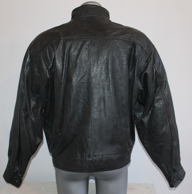 Vintage Italian 80s Black Leather Motorcycle Bomber Jacket with Plaid Liner Size L