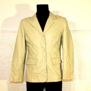 Elegant Beige Sheepskin Leather Blazer for Women – Minimalist Casual Jacket in Size M