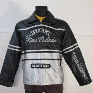 Vintage 80s Silver & Black Padded Motorcycle Racing Jacket, Medium Size Quilted Motor Outerwear