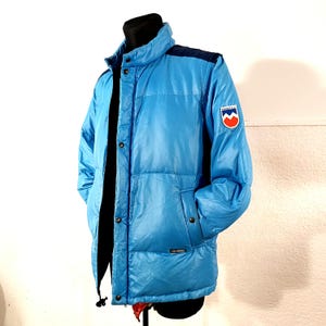 Vintage 70s Italian Navy Sky Feather Puffer Jacket - Insulated Down Padded Sports Coat Medium Size