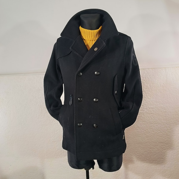 G-Star Pea Coat, manteau de laine militaire, manteau armée, caban noir, manteau d’hiver, manteau veste G-Star, caban classique taille moyenne, manteau slim fit