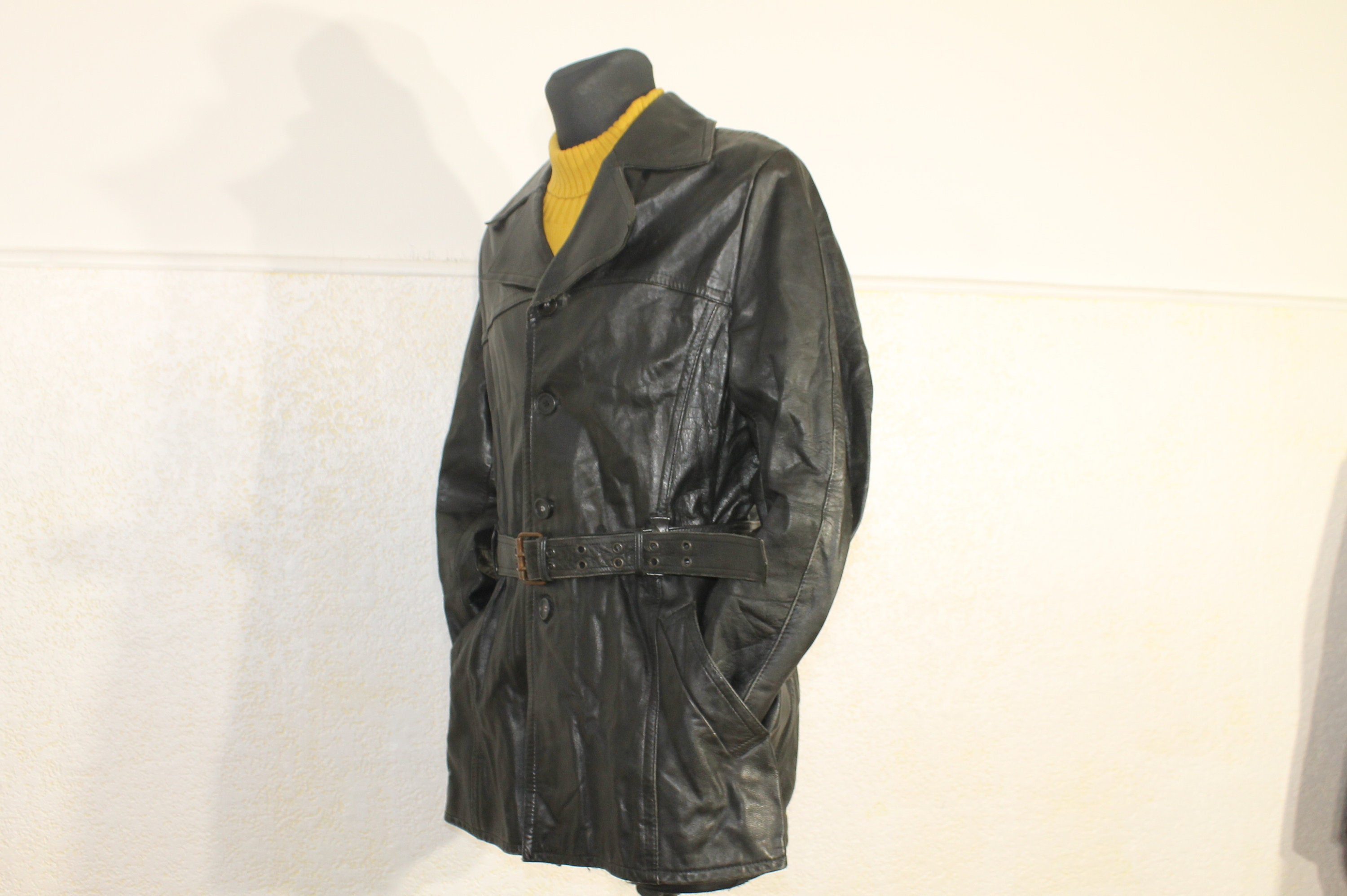 Vintage Black Leather Belted Trench Coat - Detective Style