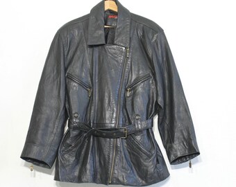 Women's Black 80s Medium Motorcycle Leather Jacket with Belted Design
