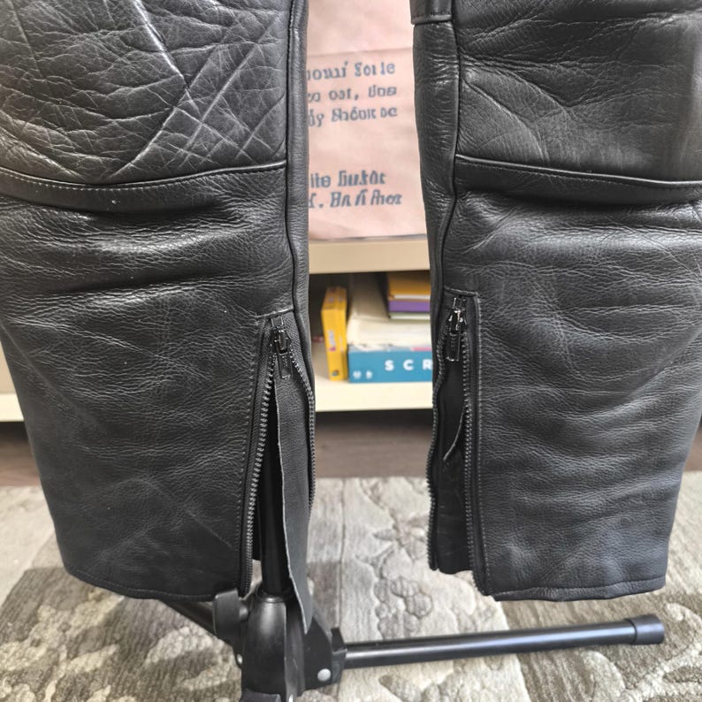 Black Biker Overalls Women Vintage Leather Pants, Black High-Waist Motorcycle Style, 40 Large Size