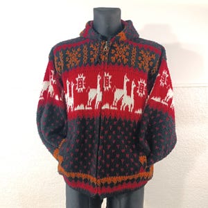 Vintage Multicolored Alpaca Wool Hoodie - Unisex Aztec-Inspired Peruvian Jacket Sweater