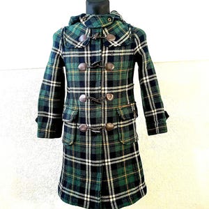 Plaid duffle Coat Women, Green Blue Wool : Checkered Toggle Overcoat Small