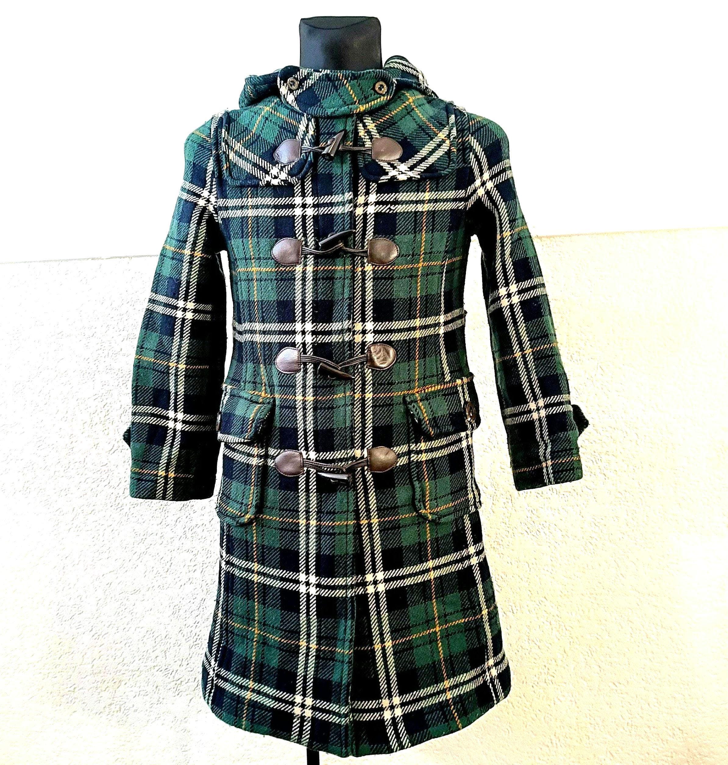 Plaid Duffle Coat Women, Green Blue Wool : Checkered Toggle
