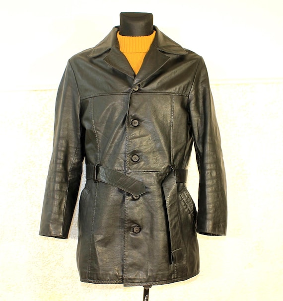 Vintage 70s Black Leather Detective Trench Coat | Medium