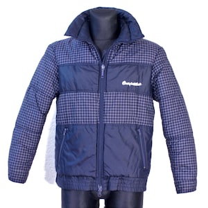 Vintage marineblauwe gewatteerde ski-jas - Retro gewatteerde winterjas voor heren (maat M)