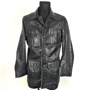 Vintage 1970s Men&#39;s Black Leather Safari Jacket, Medium Size Buttoned Retro Outerwear