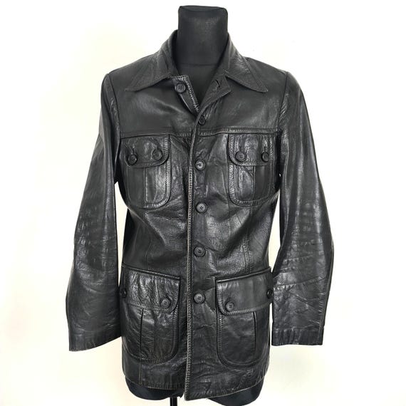 Black Leather Jacket Vintage 1970s Men's Safari Jacket, Medium