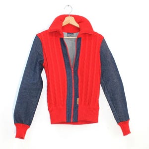Denim Cable Knit Jacket: Italian Wool Blend 70s Zip Jean Outerwear