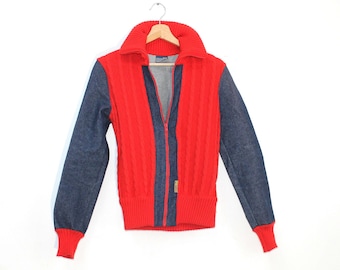 Denim Cable Knit Jacket: Italian Wool Blend 70s Zip Jean Outerwear