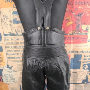 Black Biker Overalls Women Vintage Leather Pants, Black High-Waist Motorcycle Style, 40 Large Size