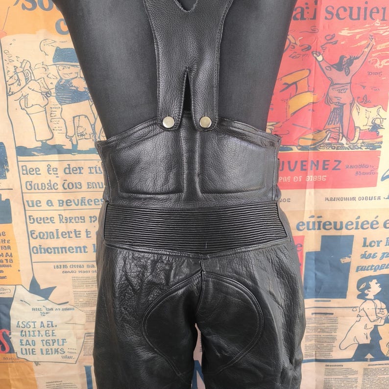 Black Biker Overalls Women Vintage Leather Pants, Black High-Waist Motorcycle Style, 40 Large Size