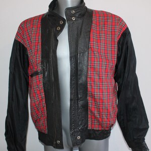 Vintage Italian 80s Black Leather Motorcycle Bomber Jacket with Plaid Liner Size L