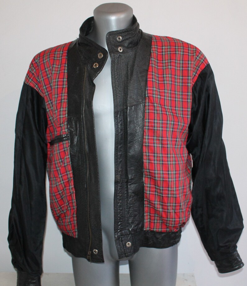 Vintage Italian 80s Black Leather Motorcycle Bomber Jacket with Plaid Liner Size L
