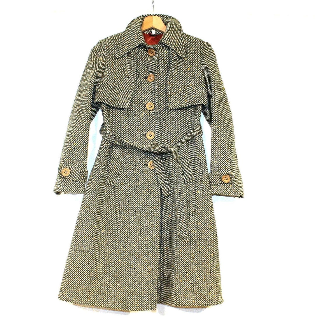 ツイードオーバーコート グリーンウール ベルト付きトレンチコート XS