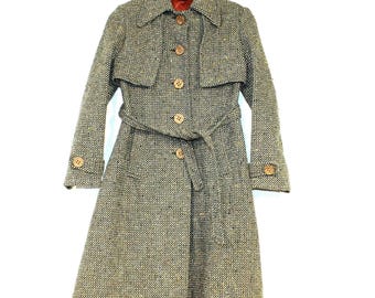 Tweed Overcoat Green Wool Belted Trench XS Vintage 70s Detective Style