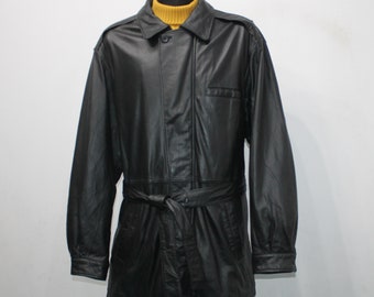 Leather Trench Coat Men, Belted jacket Vintage, Black Leather coat / Belted Coat / Long Jacket Men / Motorcycle Jacket / Gothic Jacket 2XL