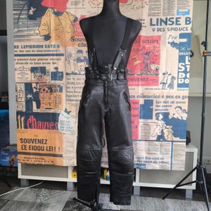 Black Biker Overalls Women Vintage Leather Pants, Black High-Waist Motorcycle Style, 40 Large Size