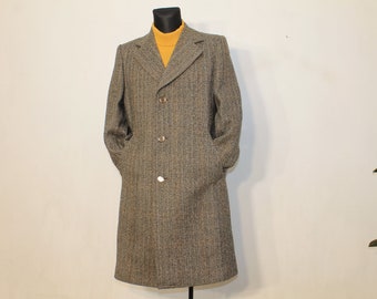 Vintage 70s Men's Scottish Cheviot Wool Tweed Overcoat - Brown