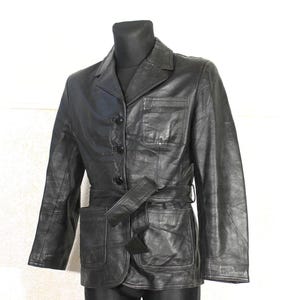 Vintage Black Leather Motorcycle Jacket for Women - Belted Retro Biker Style, Medium Size