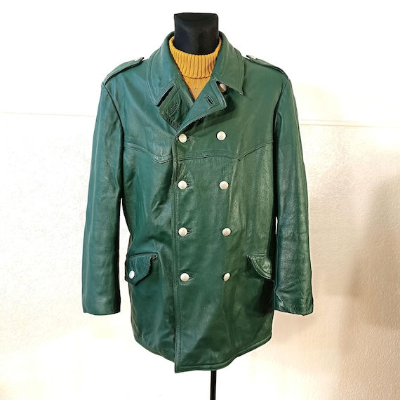 70s Vintage Green Leather Double Breasted Police Jacket for 70s Vintage Green Leather Double Breasted Police Jacket for