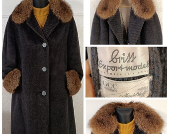 penny lane coat, striped wool coat fox fur collar coat, blue navy mohair coat women, 70s vintage alpaca coat winter overcoat women Size L