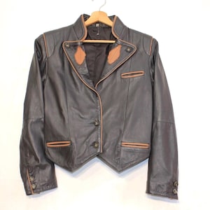 Leather Jacket Women Grey Vintage Short Tyroler with Patches Medium