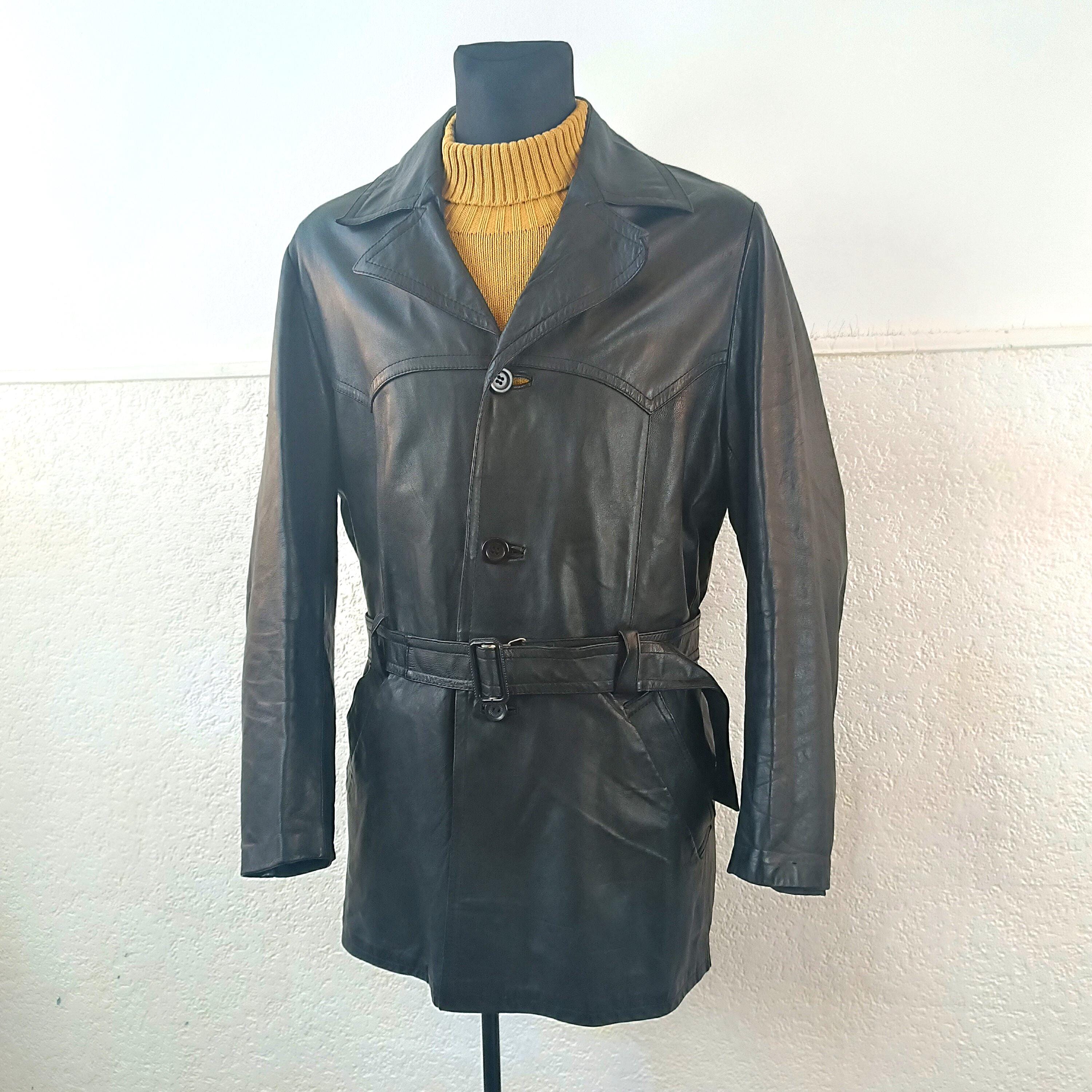Black Leather Trench Coat Vintage 70s Belted Detective Coat - Mid