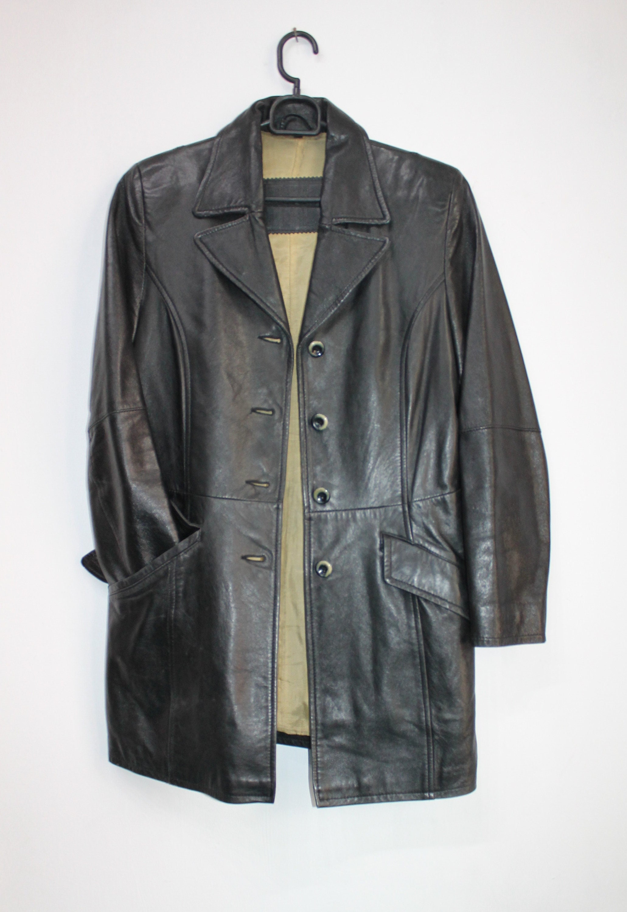 Leather Jacket women Black 80s Vintage BIG L Lamb Skin Gothic Jacket Cafe Racer Leather Long Jacket Women Size 38 UK 10 12 Medium