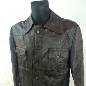 Veste en cuir vintage des années 70, veste safari en cuir pour hommes, veste en cuir marron, veste longue en cuir brun beige, veste rétro des années 70 Taille Grande