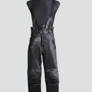 Black Biker Overalls Women Vintage Leather Pants, Black High-Waist Motorcycle Style, 40 Large Size