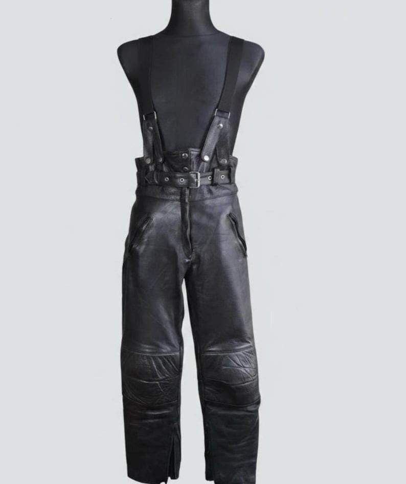 Black Biker Overalls Women Vintage Leather Pants, Black High-Waist Motorcycle Style, 40 Large Size