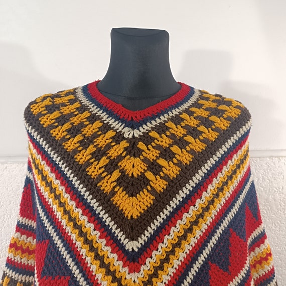 Multicolored Wool Poncho Size Medium, Crochet Pon… - image 7