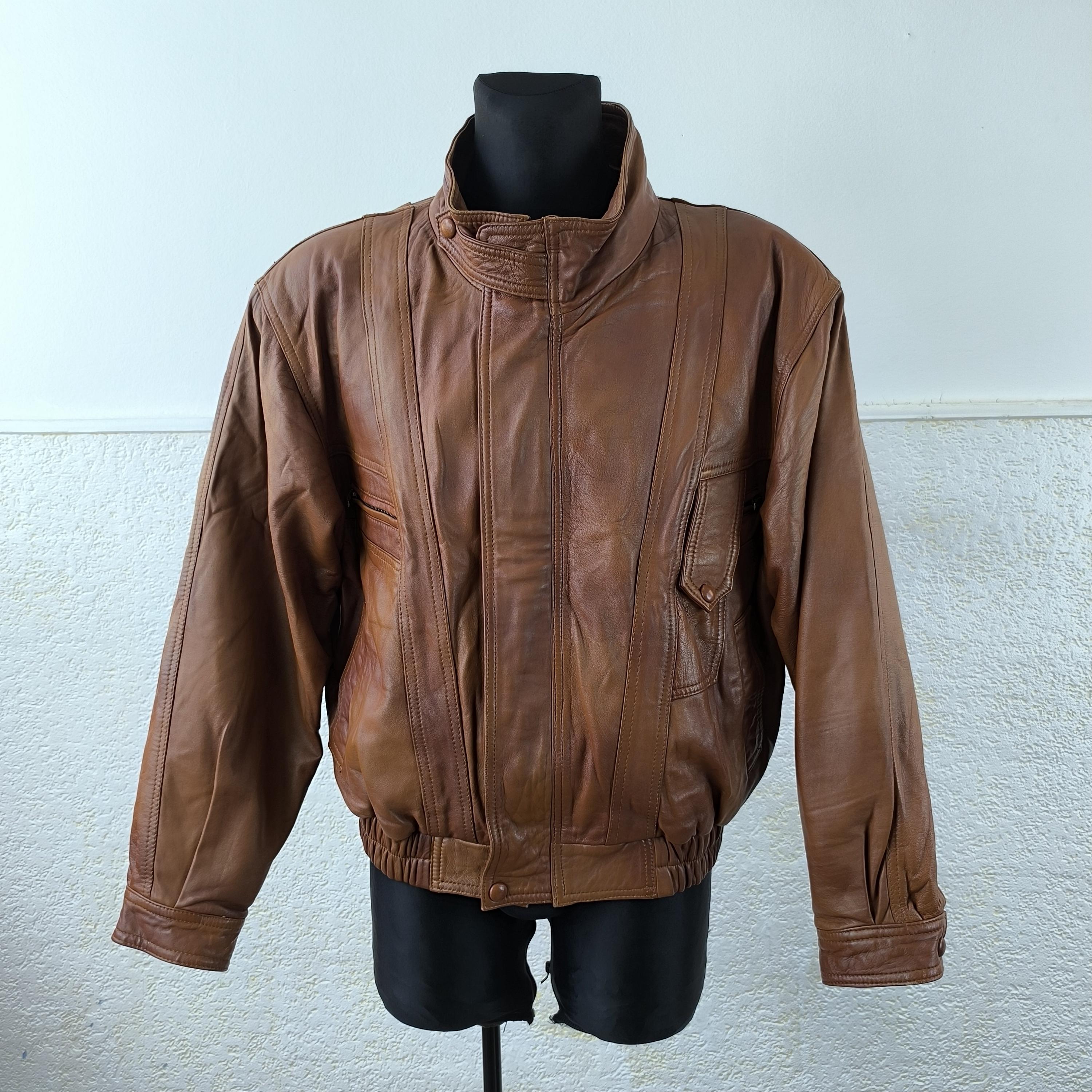 Brown Leather Jacket Distressed Biker Safari Coat for Men - Large
