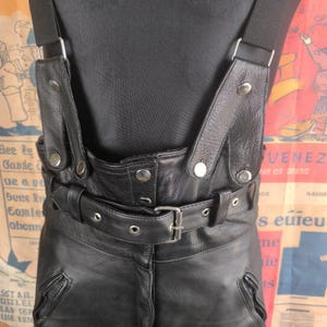 Black Biker Overalls Women Vintage Leather Pants, Black High-Waist Motorcycle Style, 40 Large Size