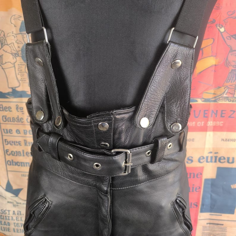 Black Biker Overalls Women Vintage Leather Pants, Black High-Waist Motorcycle Style, 40 Large Size