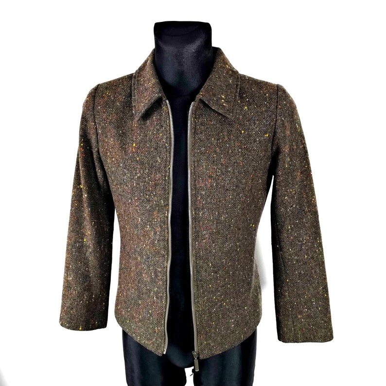 Vintage 70s Brown Donegal Tweed Wool Zip Jacket - Retro Women's Small Outerwear