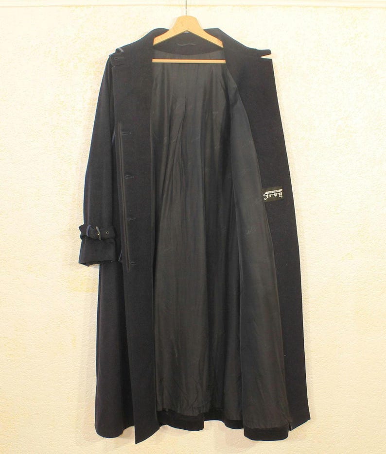 Vintage 80s Navy Wool Tyroler Loden Overcoat - Gothic Style Winter Trench for Women, Medium Size