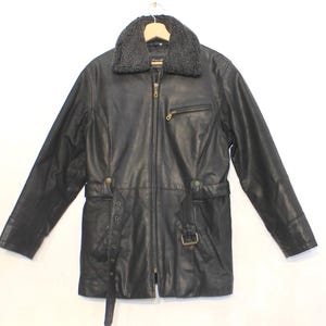 Vintage Black Leather Aviator Jacket for Women - Belted Biker Coat with Faux Fur Collar, Medium Size