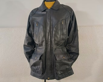 Veste en cuir Safari, veste de moto noire, veste en cuir noir vintage, veste de police, veste de détective, veste en cuir longue taille L