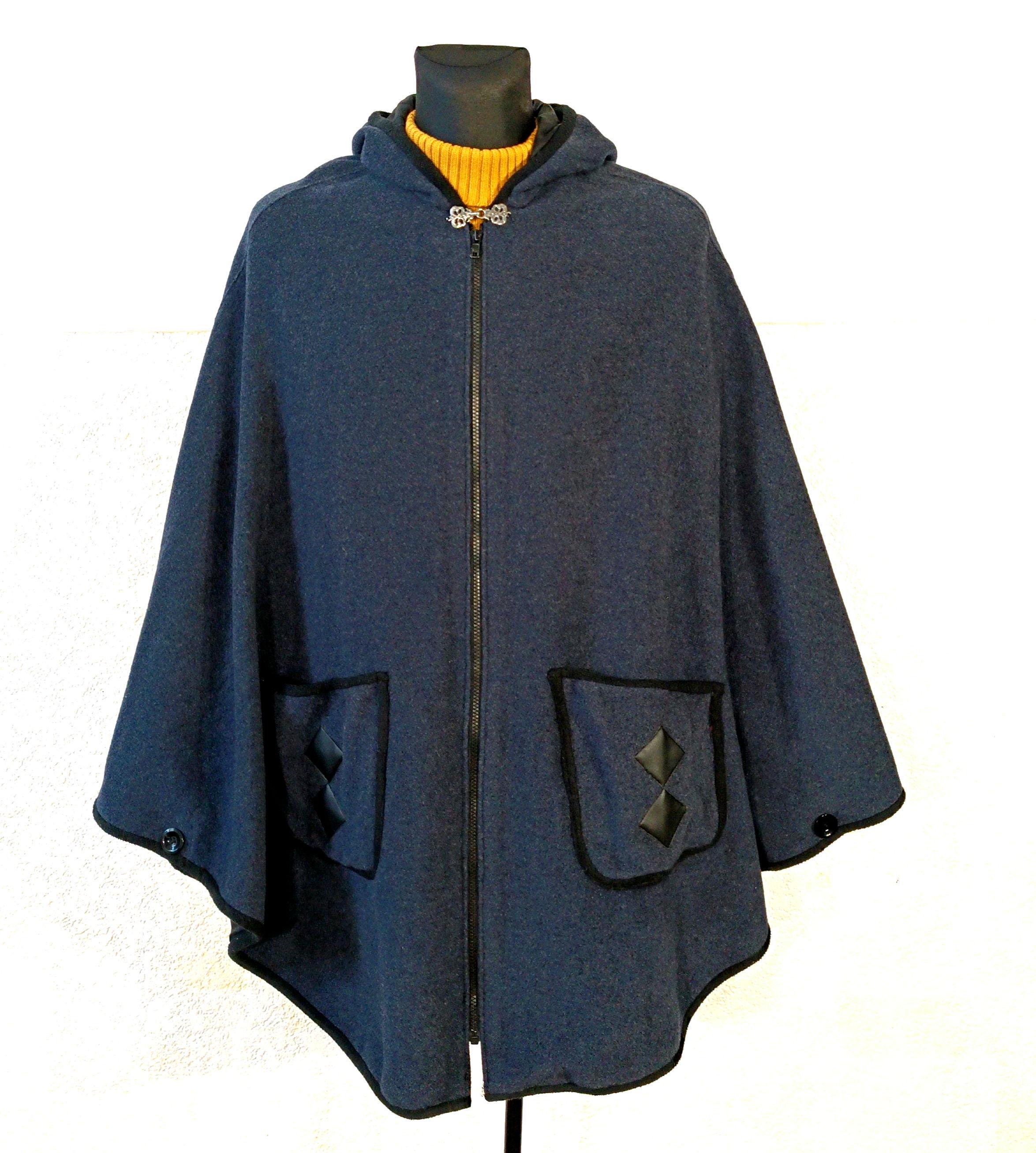Buy Wool Cape Coat Navy Blue: Vintage Y2K Hooded Women's Outerwear