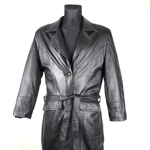 Long Leather Coat Black: Belted Minimalist Medium Vintage 80s Women's Trench