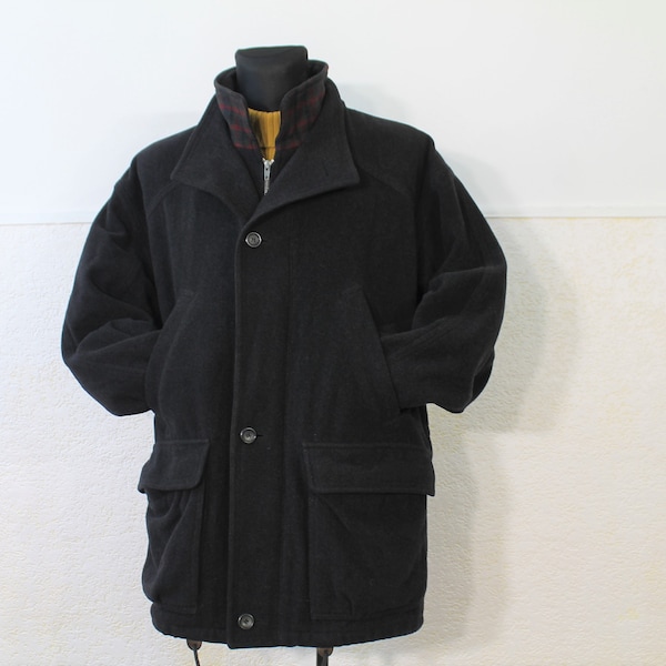 BUGATTI coat, Wool Coat Men, double neck coat, plaid coat, Black Pea Coat, Pure New Wool Jacket, Winter Coat, Tartan coat Vintage Size L