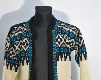 Vintage Norwegian wool knit cardigan sweater / Norwegian Wool Cardigan / Fair Isle Pure Wool Cardigan Vintage 1980s Traditional NO 46 US M