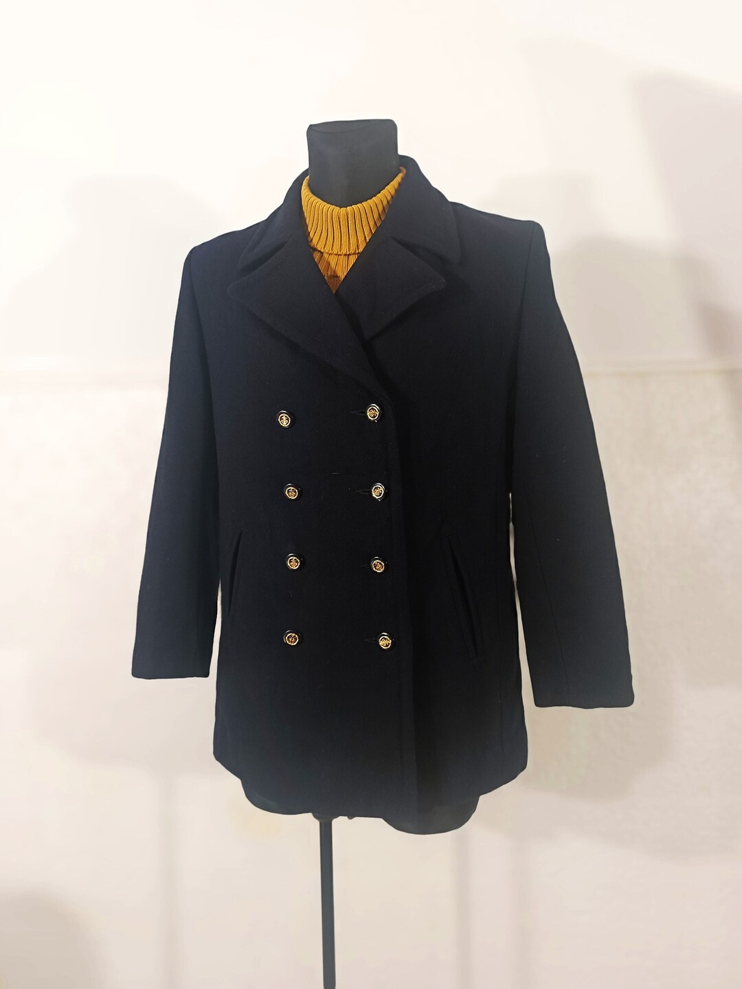 Navy Wool Coat, Double Breasted Coat, Navy Peacoat Women, Vintage
